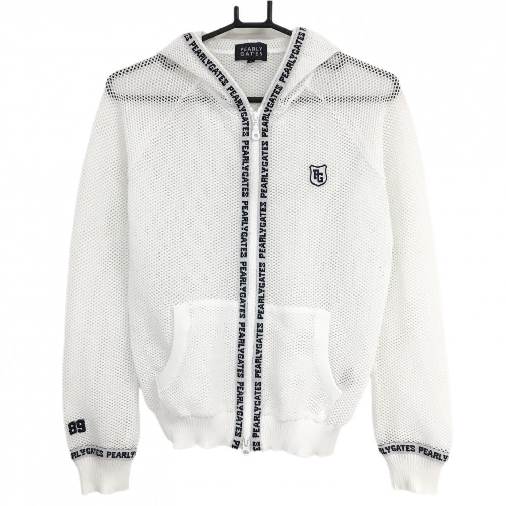 【超美品】パーリーゲイツ メッシュパーカー 白×ダークネイビー ニット 透かし編み ロゴ レディース 1(M) ゴルフウェア PEARLY GATES