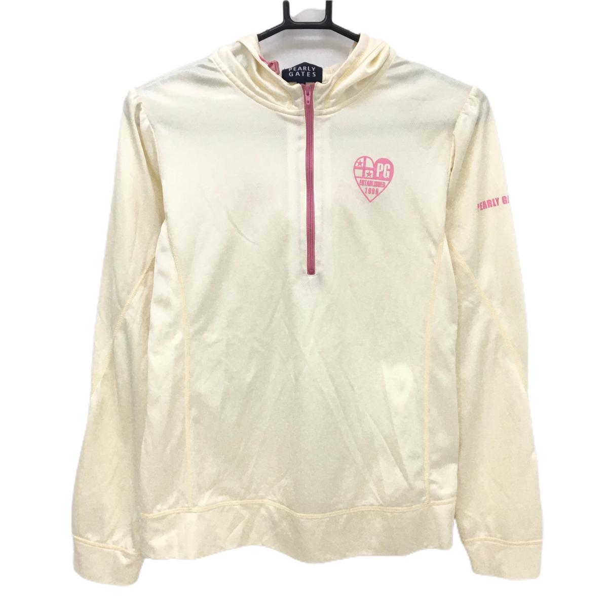 【美品】パーリーゲイツ パーカー アイボリー系×ピンク ハーフジップ 薄手 胸ロゴ  レディース 2(L) ゴルフウェア PEARLY GATES
