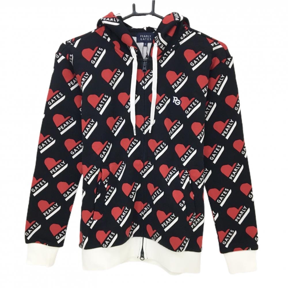 【新品】パーリーゲイツ ジップパーカー 黒×レッド ハート柄 ロゴ ブルゾン  レディース 0(S) ゴルフウェア PEARLY GATES