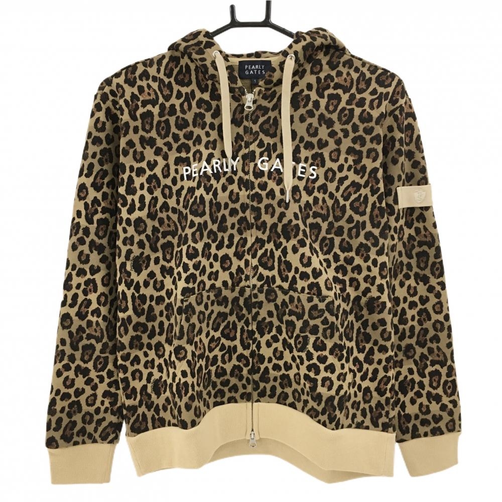 【新品】パーリーゲイツ ジップパーカー ライトブラウン×ブラウン レオパード ロゴ刺しゅう レディース 1(M) ゴルフウェア PEARLY GATES