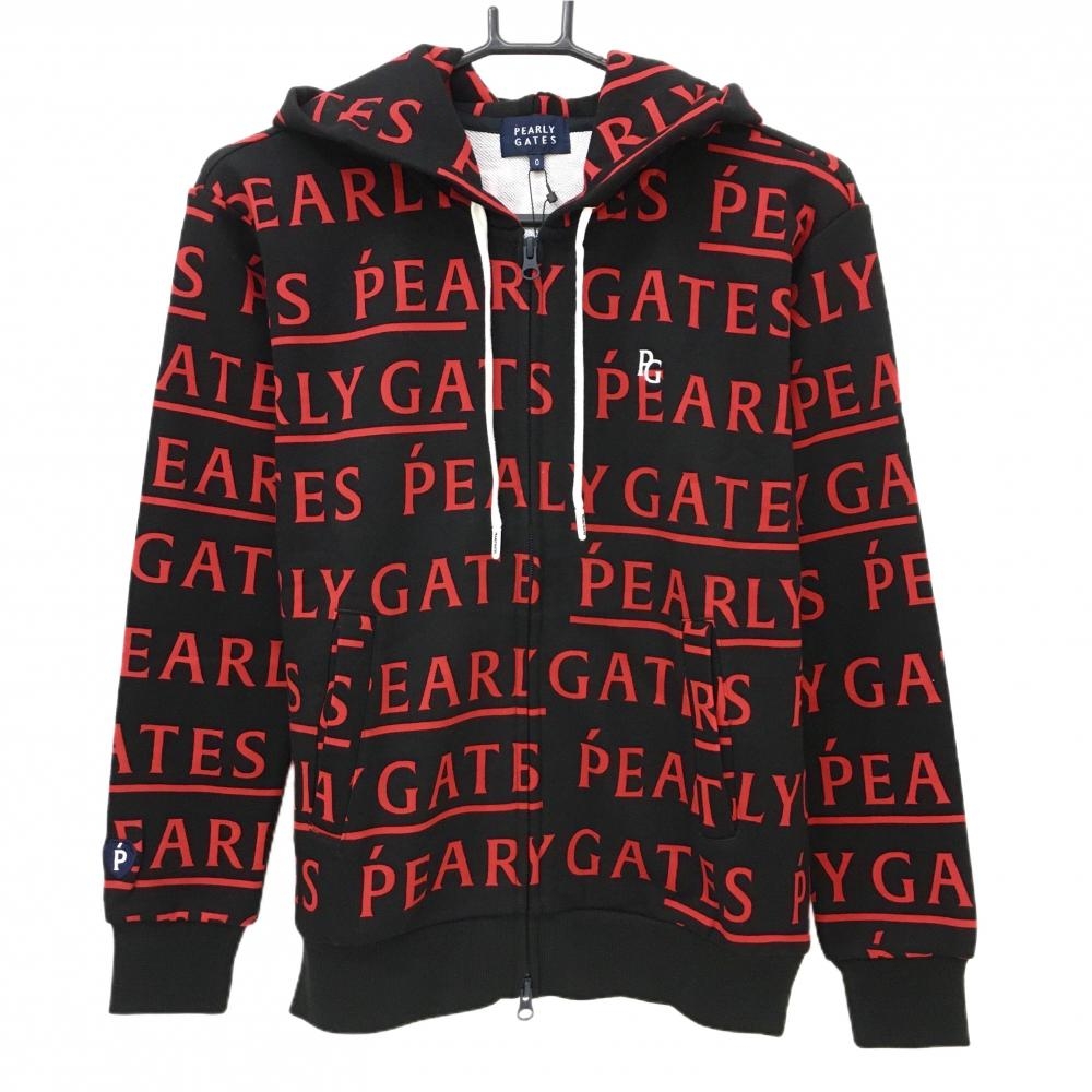 【新品】パーリーゲイツ ジップパーカー 黒×レッド ロゴ総柄 胸元刺しゅう レディース 0(S) ゴルフウェア PEARLY GATES
