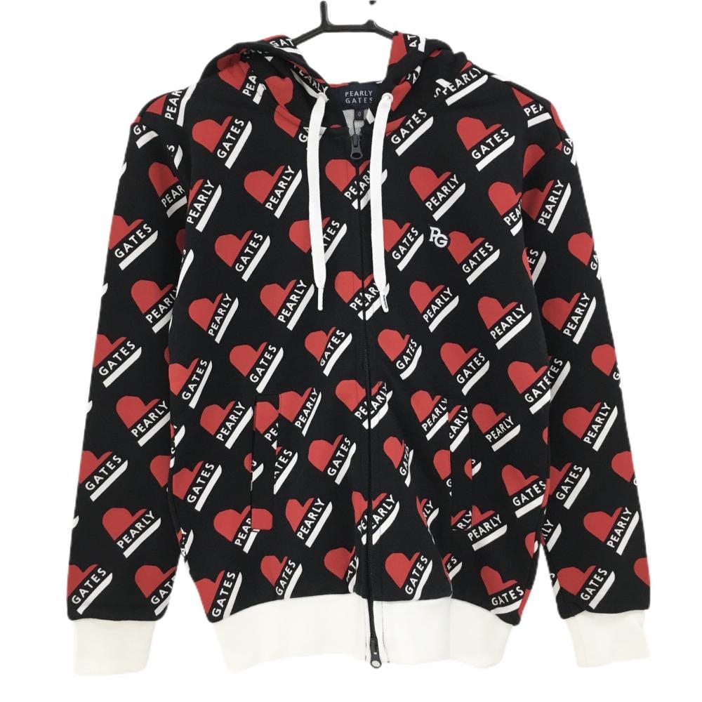 【新品】パーリーゲイツ ジップパーカー 黒×レッド ハートロゴ総柄 胸元刺しゅう レディース 0(S) ゴルフウェア PEARLY GATES