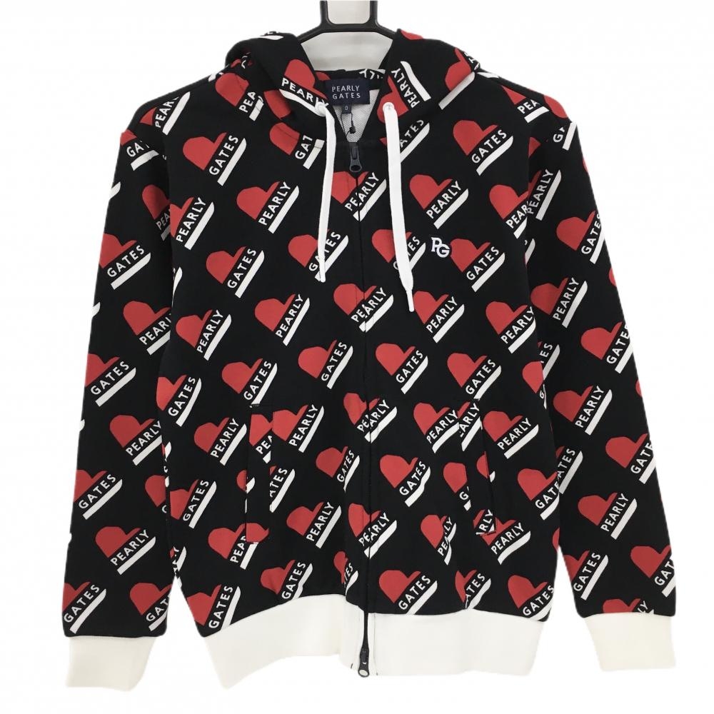 【新品】パーリーゲイツ ジップパーカー 黒×レッド ハートロゴ総柄 胸元刺しゅう レディース 0(S) ゴルフウェア PEARLY GATES
