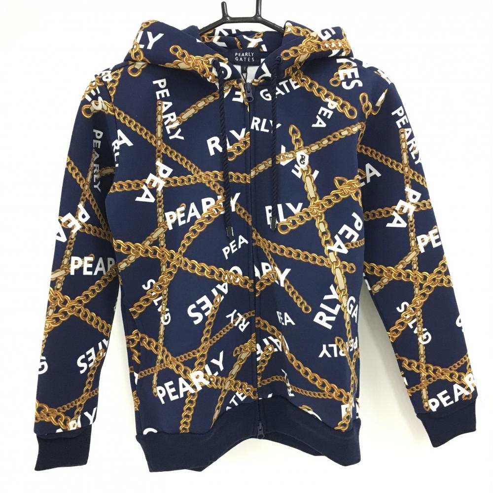 【新品】パーリーゲイツ ジップパーカー ネイビー×ゴールド チェーン柄 ロゴ刺しゅう  レディース 0(S) ゴルフウェア PEARLY GATES