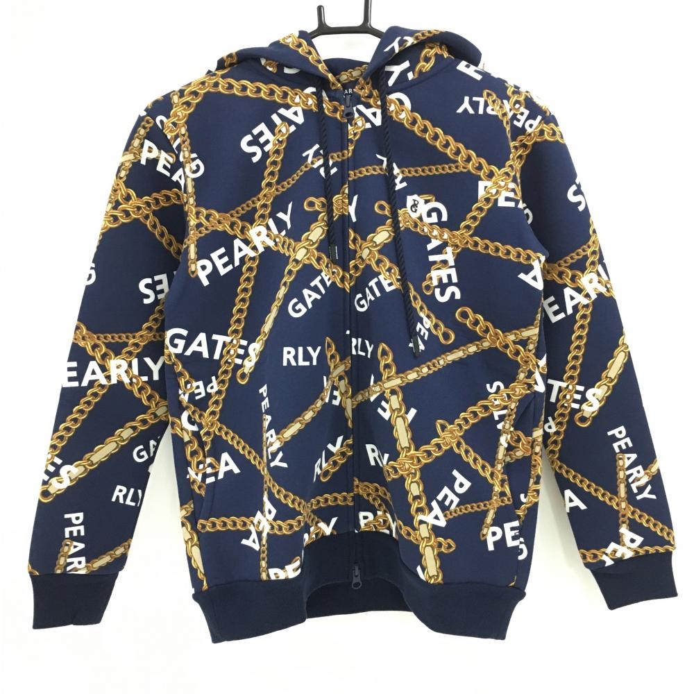 【新品】パーリーゲイツ ジップパーカー ネイビー×ゴールド チェーン柄 ロゴ刺しゅう  レディース 0(S) ゴルフウェア PEARLY GATES