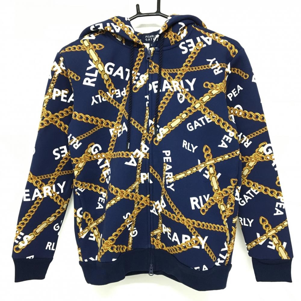 【新品】パーリーゲイツ ジップパーカー ネイビー×ゴールド チェーン柄 ロゴ刺しゅう レディース 0(S) ゴルフウェア PEARLY GATES