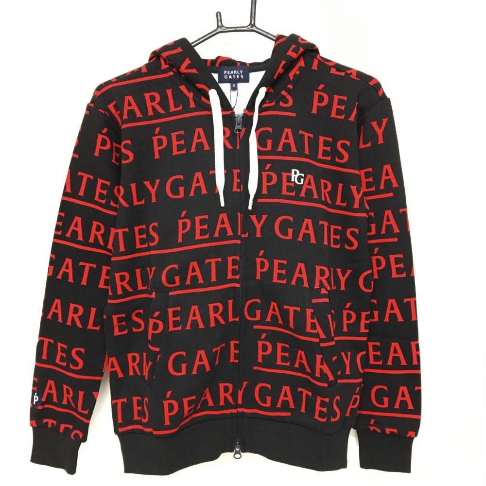 【新品】パーリーゲイツ ジップパーカー 黒×レッド ロゴ総柄 刺しゅう白 レディース 0(S) ゴルフウェア PEARLY GATES