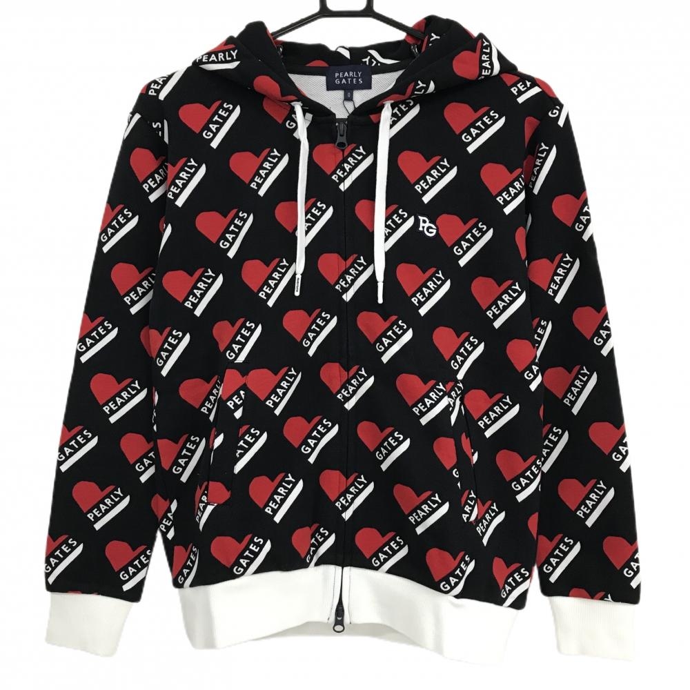 【新品】パーリーゲイツ ジップパーカー 黒×レッド ハート柄 ロゴ レディース 0(S) ゴルフウェア PEARLY GATES