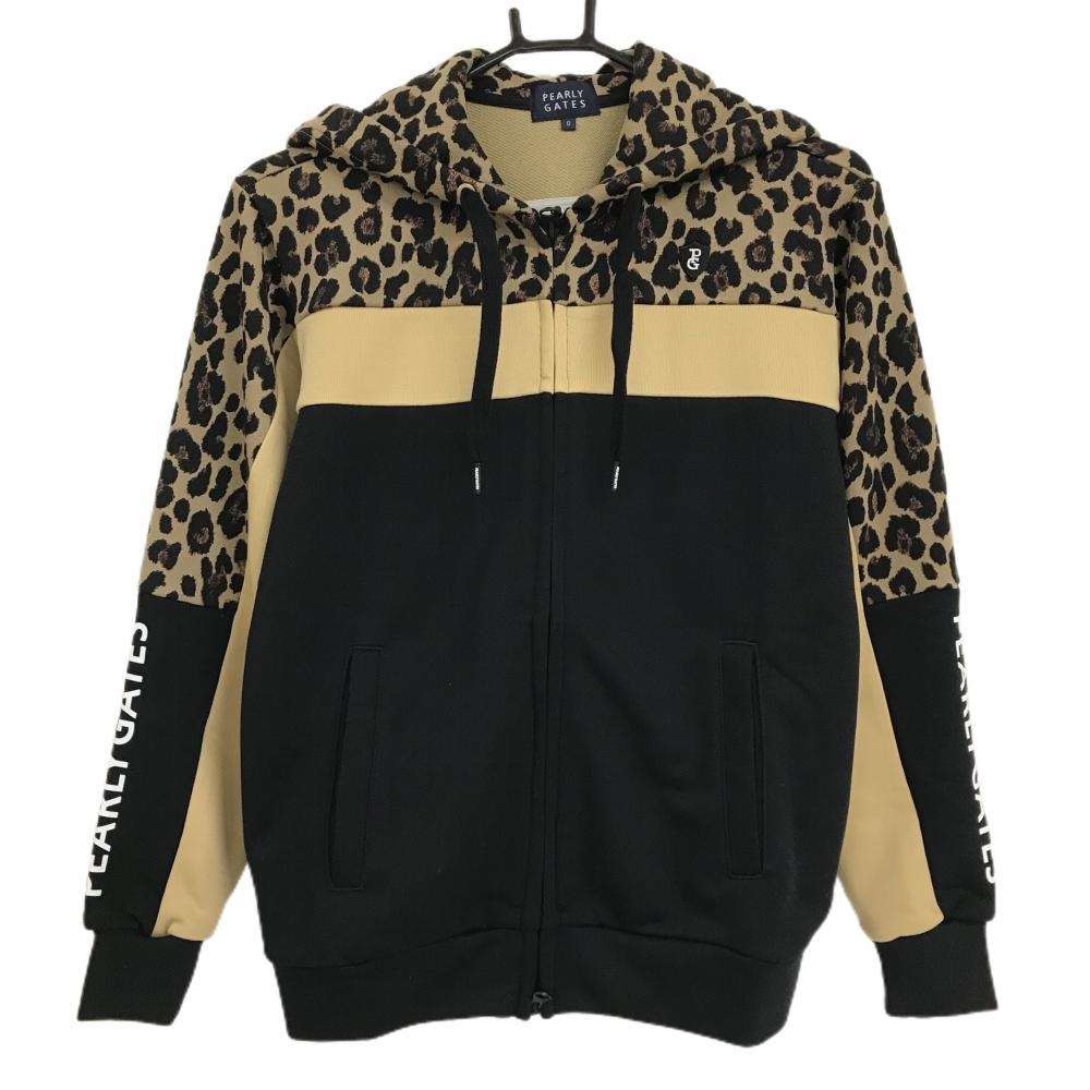 【新品】パーリーゲイツ ジップパーカー ベージュ系×黒 上部レオパード 袖ロゴプリント レディース 0(S) ゴルフウェア PEARLY GATES