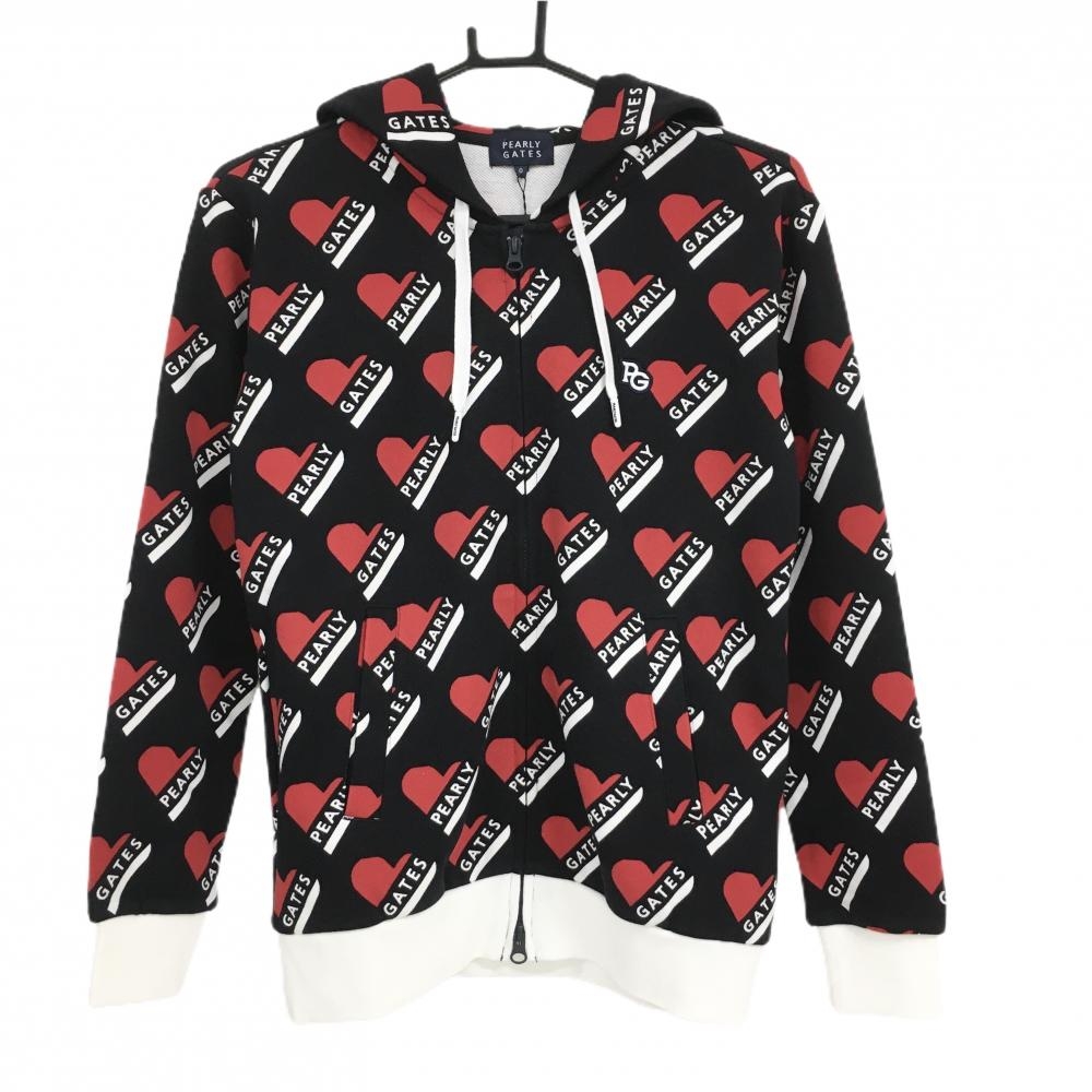 【新品】パーリーゲイツ ジップパーカー 黒×レッド ハート柄 ロゴ レディース 0(S) ゴルフウェア PEARLY GATES
