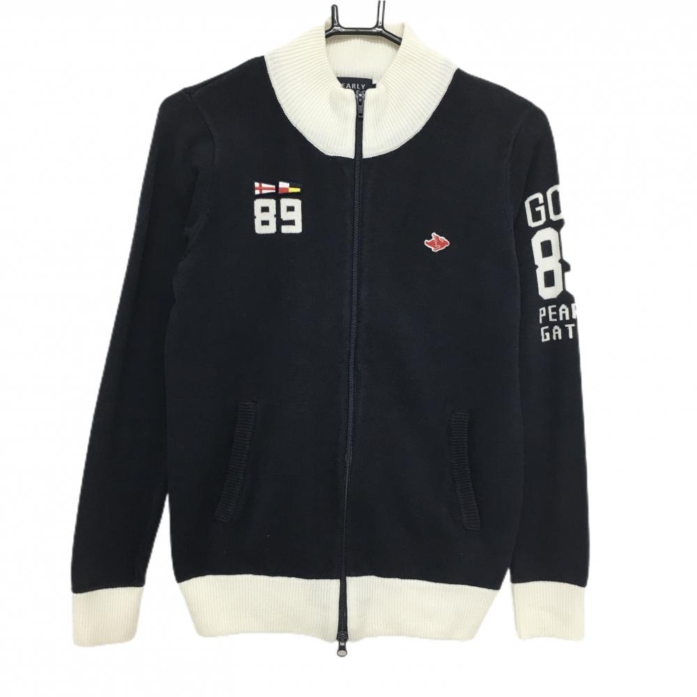 パーリーゲイツ ニットジャケット ネイビー×白 袖ロゴ コットン混 レディース 1(M) ゴルフウェア PEARLY GATES