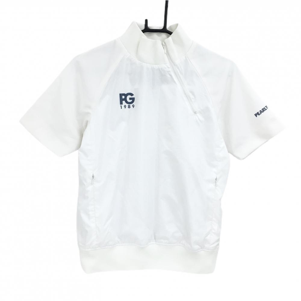 パーリーゲイツ 半袖ブルゾン 白 肩ジップ 裏地メッシュ 後ビッグプリント レディース M ゴルフウェア PEARLY GATES