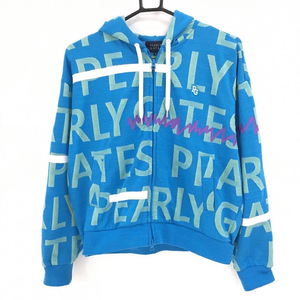 【美品】パーリーゲイツ ジップパーカー ライトブルー×イエロー ロゴ総柄 レディース 2(L) ゴルフウェア 2024年モデル PEARLY GATES