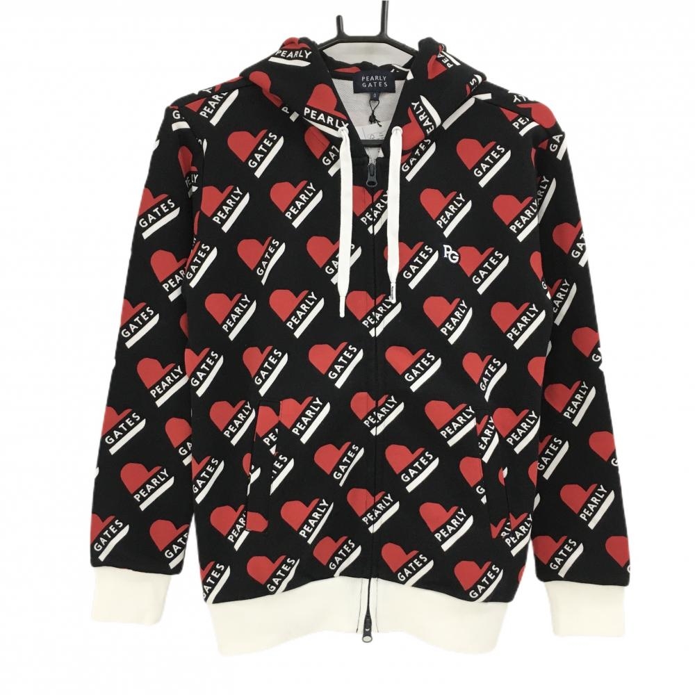 【新品】パーリーゲイツ ジップパーカー 黒×レッド×白 ハートロゴ総柄 スウェット  レディース 0(S) ゴルフウェア PEARLY GATES
