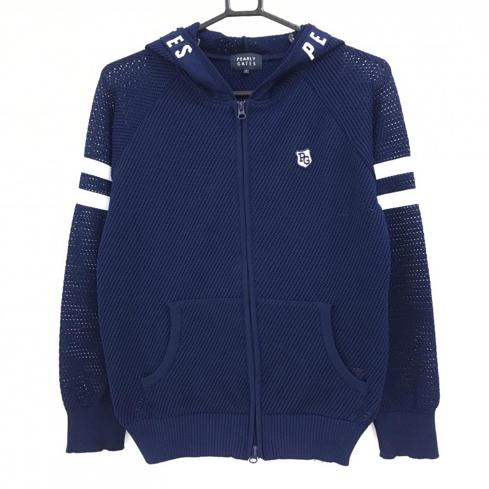 【美品】パーリーゲイツ メッシュジップパーカー ネイビー×白 袖ライン ワッペン  レディース 1(M) ゴルフウェア PEARLY GATES