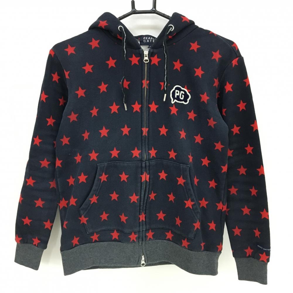 パーリーゲイツ ジップパーカー ネイビー×レッド 星柄 ブルゾン 裏微起毛 レディース 0(S) ゴルフウェア PEARLY GATES