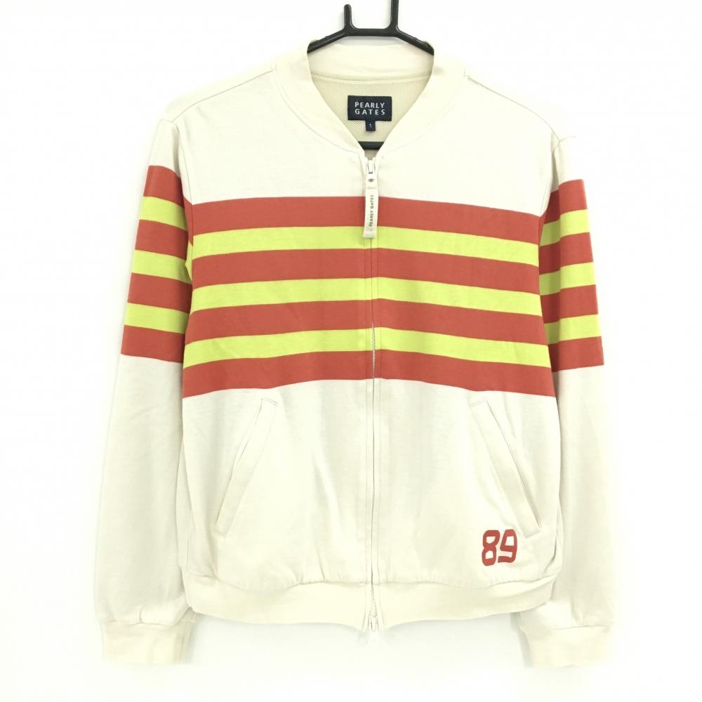 【美品】パーリーゲイツ ジャケットブルゾン ライトベージュ×レッド 胸元ボーダー レディース 1(M) ゴルフウェア PEARLY GATES