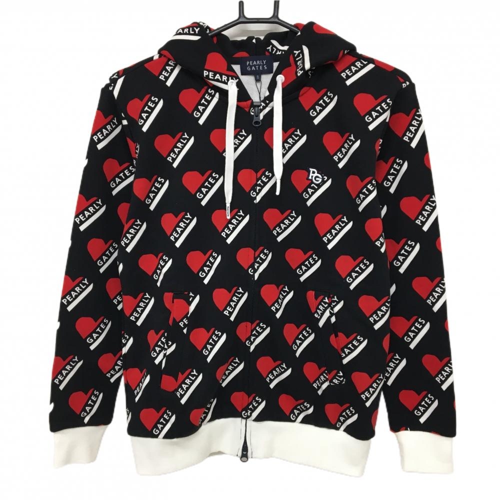 【新品】パーリーゲイツ ジップパーカー 黒×レッド ハート柄 ロゴ ブルゾン レディース 0(S) ゴルフウェア PEARLY GATES