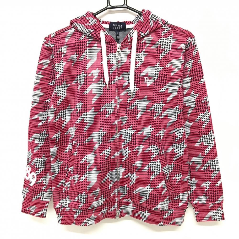 【新品】パーリーゲイツ ジップパーカー グレー×レッドピンク 千鳥柄 ロゴ刺しゅう ブルゾン レディース 0(S) ゴルフウェア PEARLY GATES