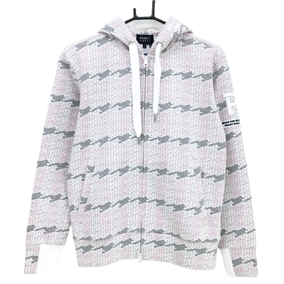 【新品】パーリーゲイツ ジップパーカー ピンク×グレー 総柄 ボーダー風 凸凹生地 袖ワッペン レディース 1(M) ゴルフウェア PEARLY GATES