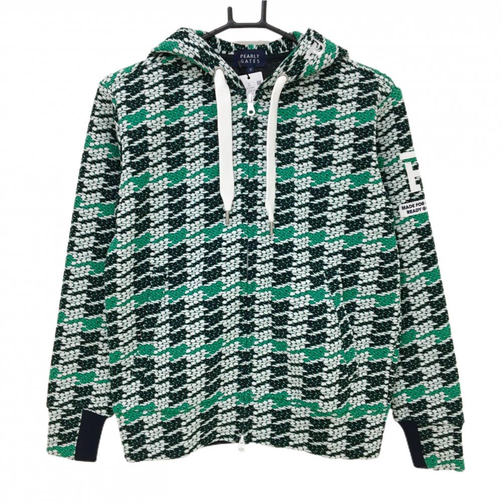 【新品】パーリーゲイツ ジップパーカー 黒×白×グリーン 総柄 凸凹生地 袖ワッペン レディース 0(S) ゴルフウェア PEARLY GATES