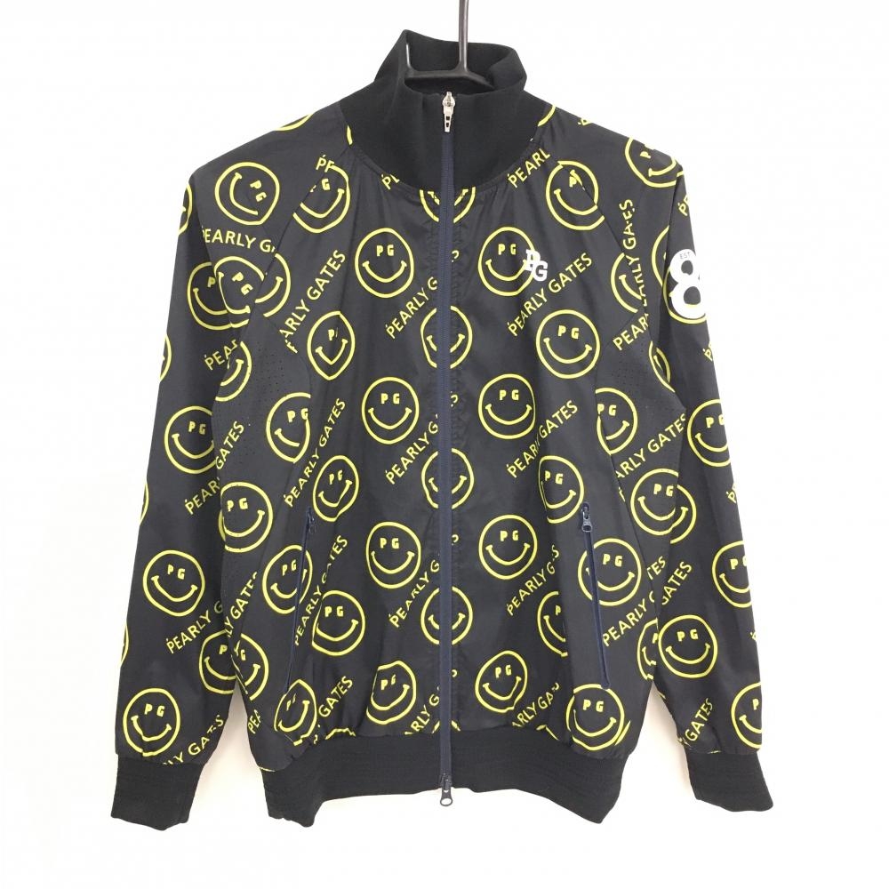 【美品】パーリーゲイツ ジャケットブルゾン ネイビー×イエロー ニコちゃん総柄 スマイル レディース 0(S) ゴルフウェア PEARLY GATES