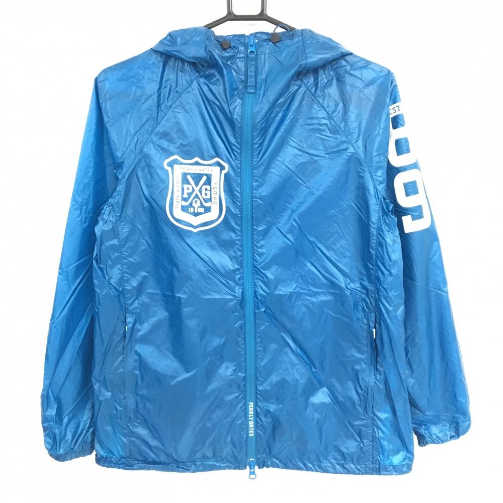 【美品】パーリーゲイツ ナイロンジップパーカー ブルー×白 ナイロン100% 収納袋 薄手 レディース 0(S) ゴルフウェア PEARLY GATES