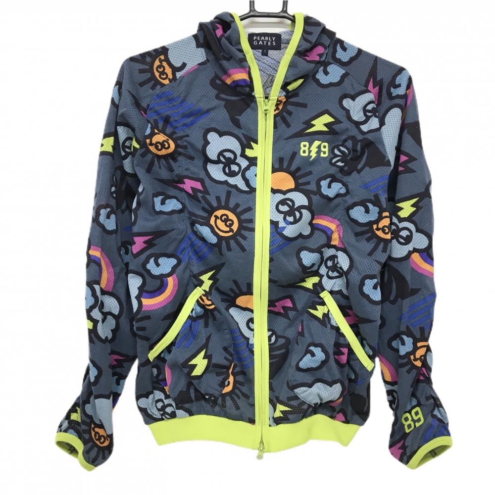 パーリーゲイツ ジップパーカー グレー×マルチカラー メッシュ 総柄 太陽 雲 ジャケット レディース 1(M) ゴルフウェア PEARLY GATES
