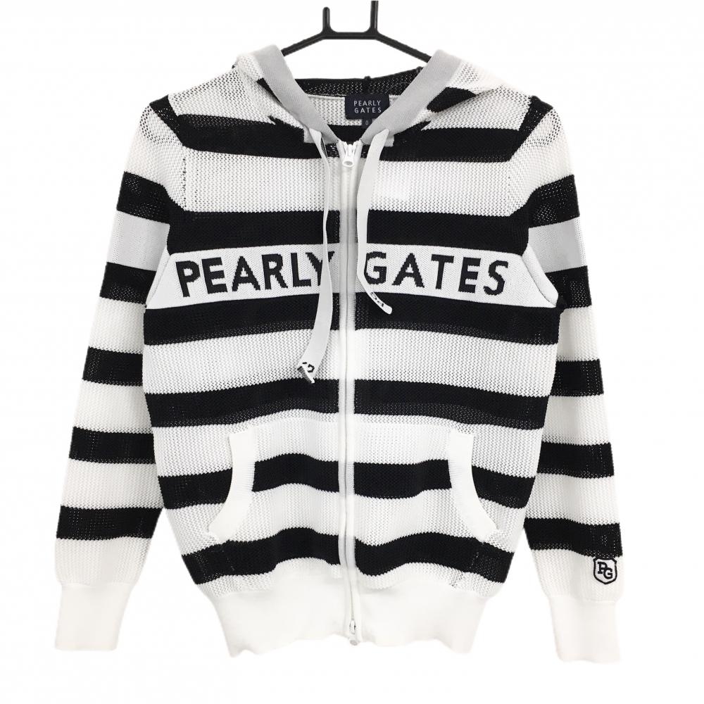 【超美品】パーリーゲイツ ニットジップパーカー 白×ネイビー ボーダー 胸ロゴ レディース 0(S) ゴルフウェア PEARLY GATES