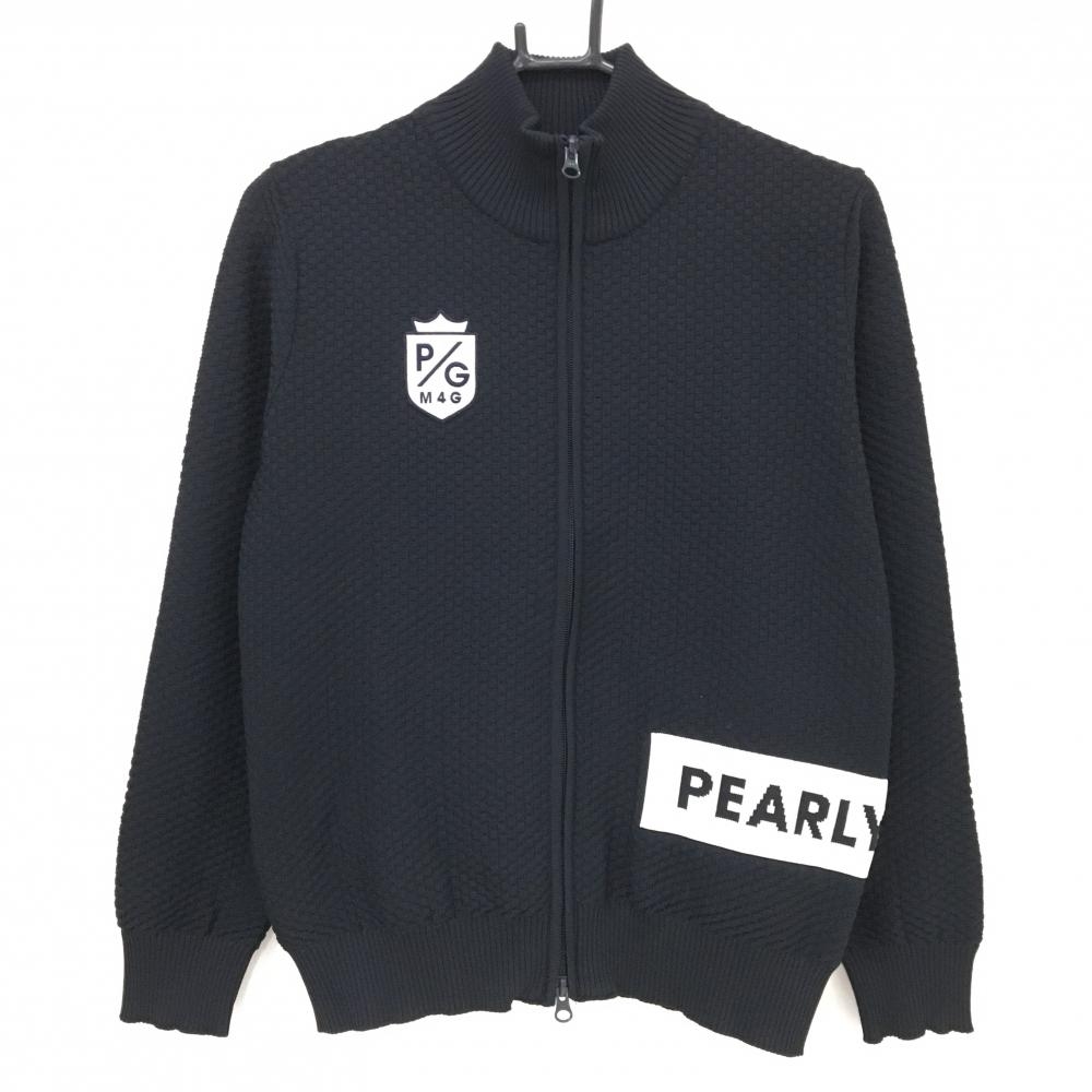 【美品】パーリーゲイツ ニットジャケット ネイビー×白 刺しゅうワッペン ブロックチェック風 レディース 1(M) ゴルフウェア PEARLY GATES