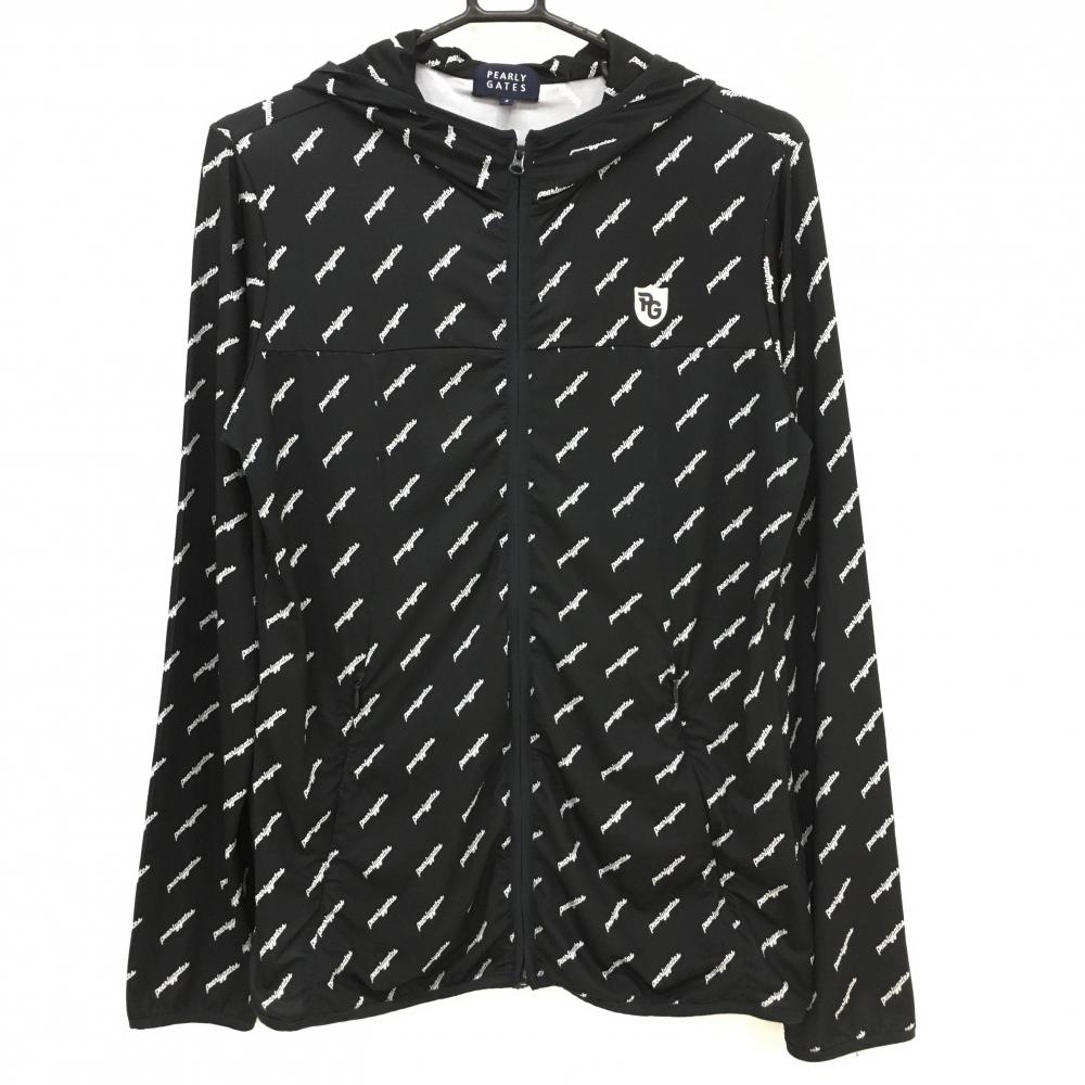 【美品】パーリーゲイツ ジップパーカー ネイビー×白 ロゴ総柄 ストレッチ ブルゾン  レディース 2(L) ゴルフウェア PEARLY GATES