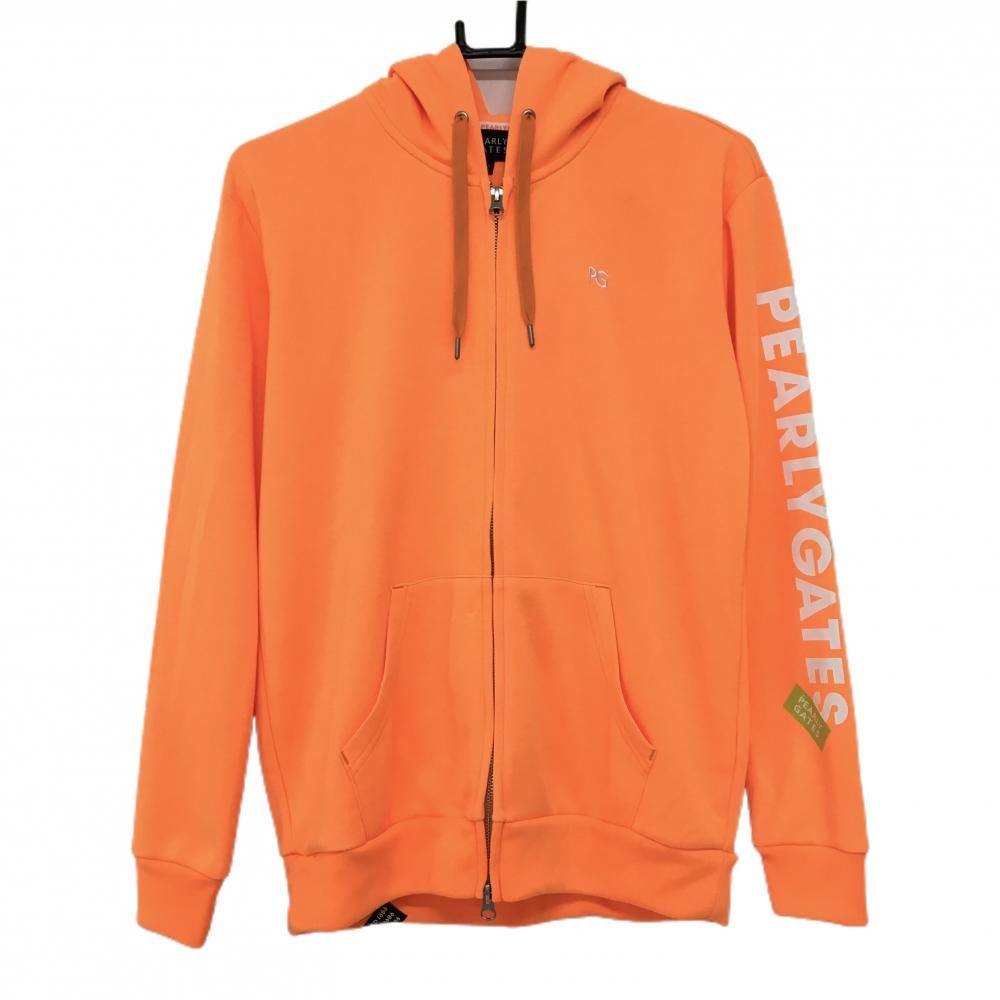 【超美品】パーリーゲイツ ジップパーカー 蛍光オレンジ×白 袖ロゴ ブルゾン レディース 2(L) ゴルフウェア PEARLY GATES