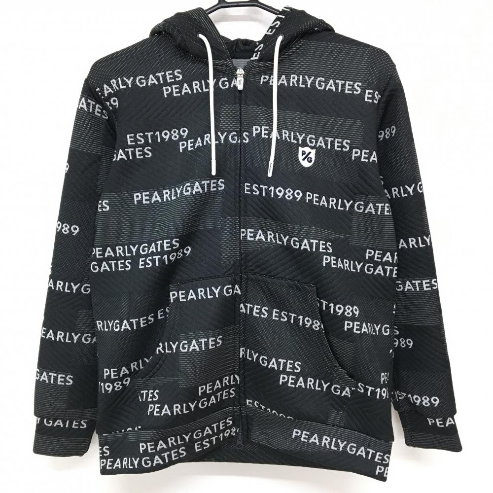 【超美品】パーリーゲイツ ジップパーカー 黒系×白 総柄 英字ロゴ ダブルジップ レディース 1(M) ゴルフウェア PEARLY GATES