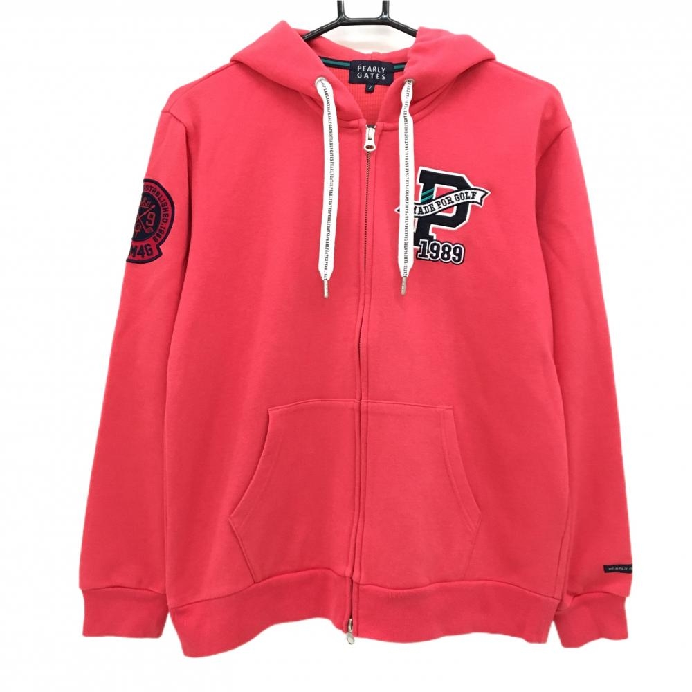 【美品】パーリーゲイツ ジップパーカー レッド系 フードロゴ刺しゅう スウェット ジャケット レディース 2(L) ゴルフウェア PEARLY GATES