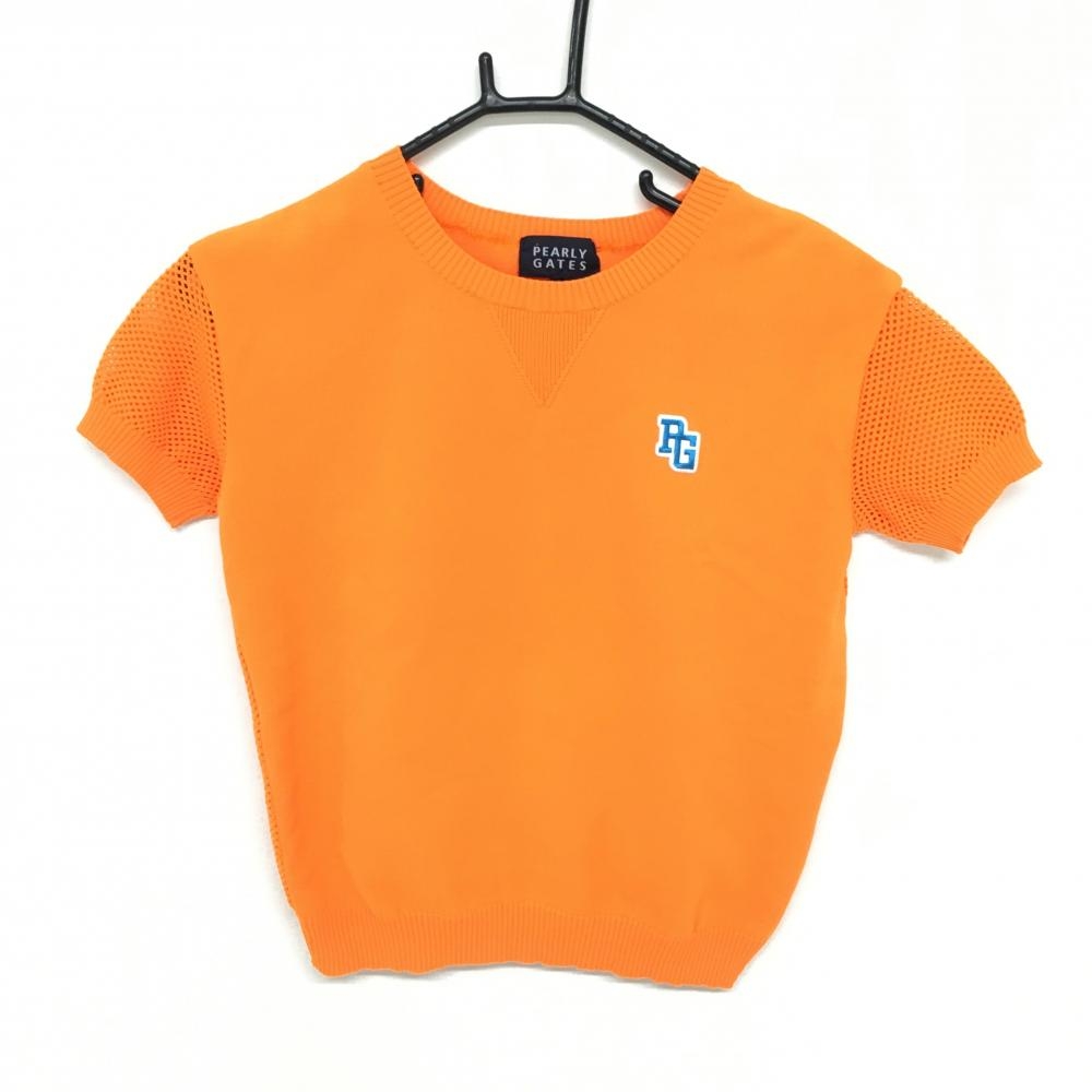 【超美品】パーリーゲイツ 半袖セーター オレンジ ニット 袖透かし編み レディース 0(S) ゴルフウェア PEARLY GATES