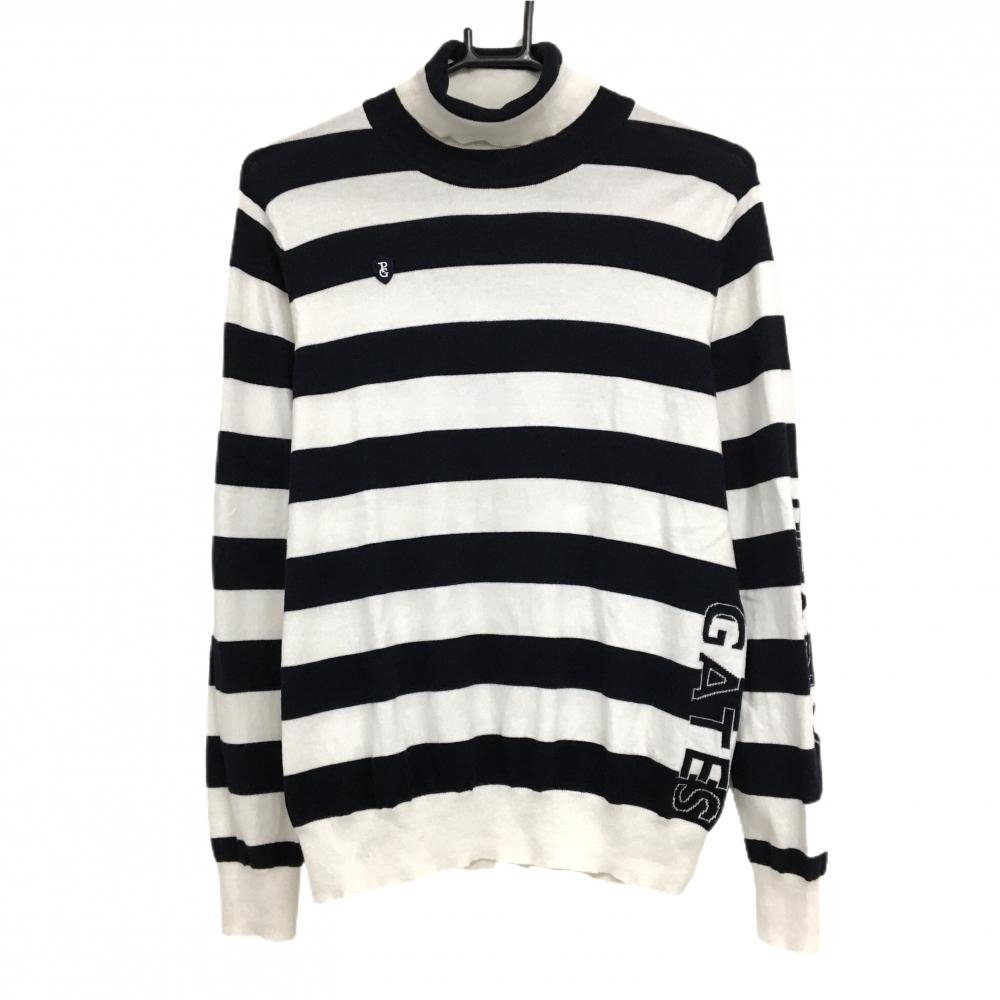 パーリーゲイツ タートルネックセーター 白×ネイビー ボーダー 胸ロゴ ニット  レディース 1(M) ゴルフウェア PEARLY GATES