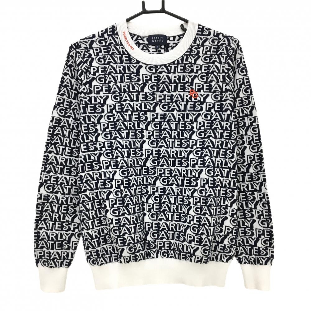 【超美品】パーリーゲイツ セーター 白×ネイビー ロゴ総柄 コットン100％ レディース 1(M) ゴルフウェア PEARLY GATES