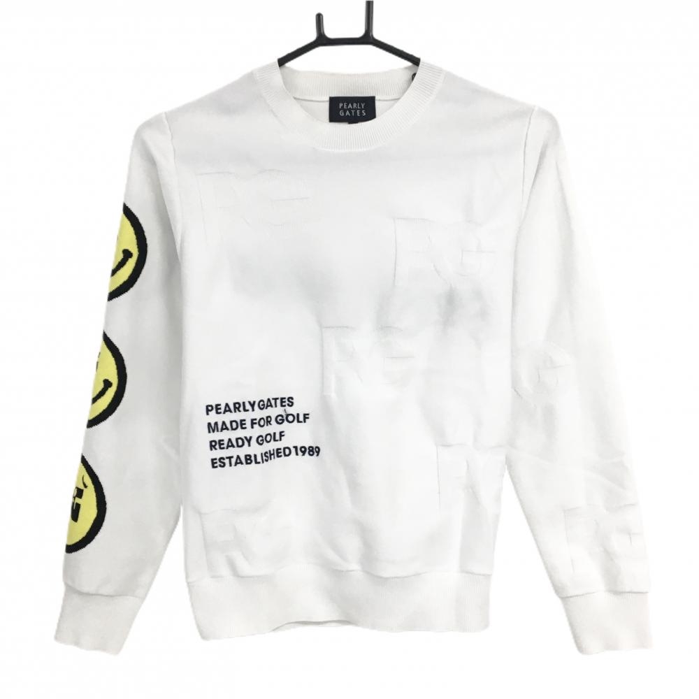 【美品】パーリーゲイツ セーター 白×イエロー 袖ニコちゃん スマイル 織生地  レディース 0(S) ゴルフウェア 2025年モデル PEARLY GATES