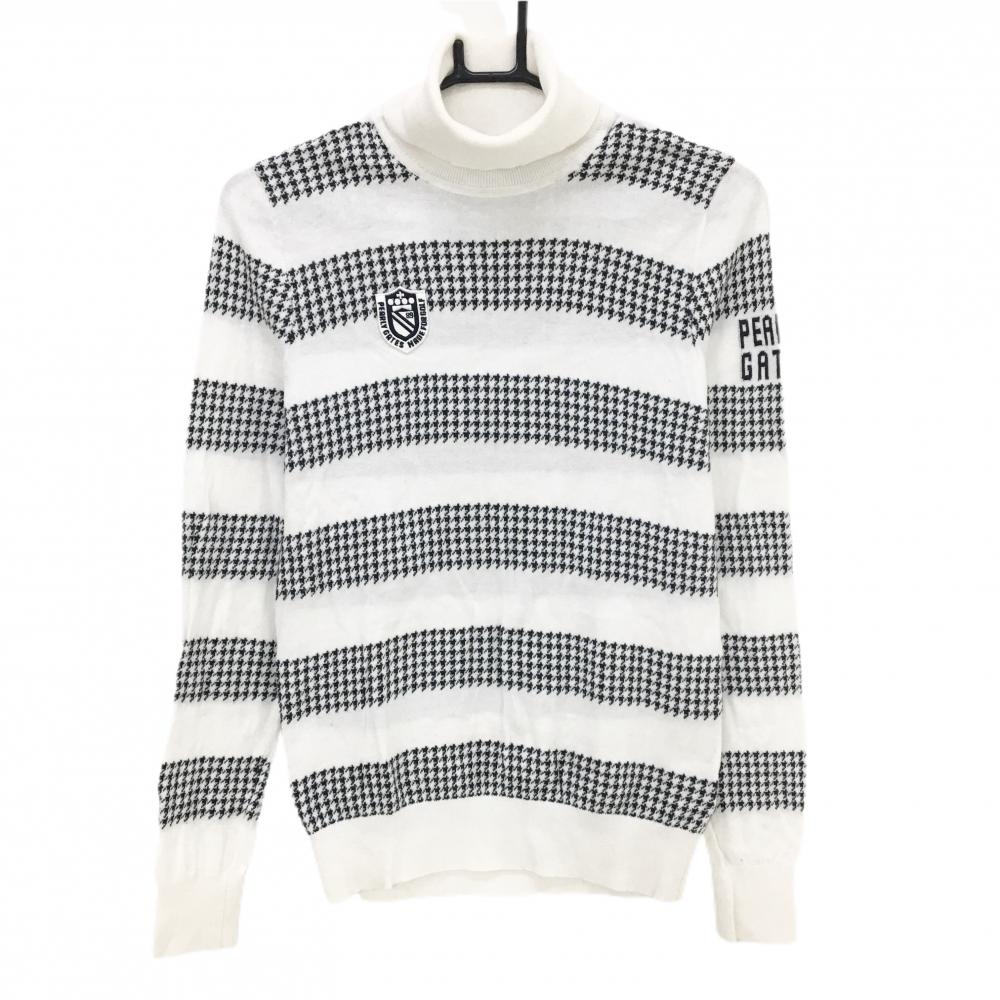パーリーゲイツ タートルネックセーター 白×ネイビー 千鳥格子ボーダー コットン100% レディース 1(M) ゴルフウェア PEARLY GATES