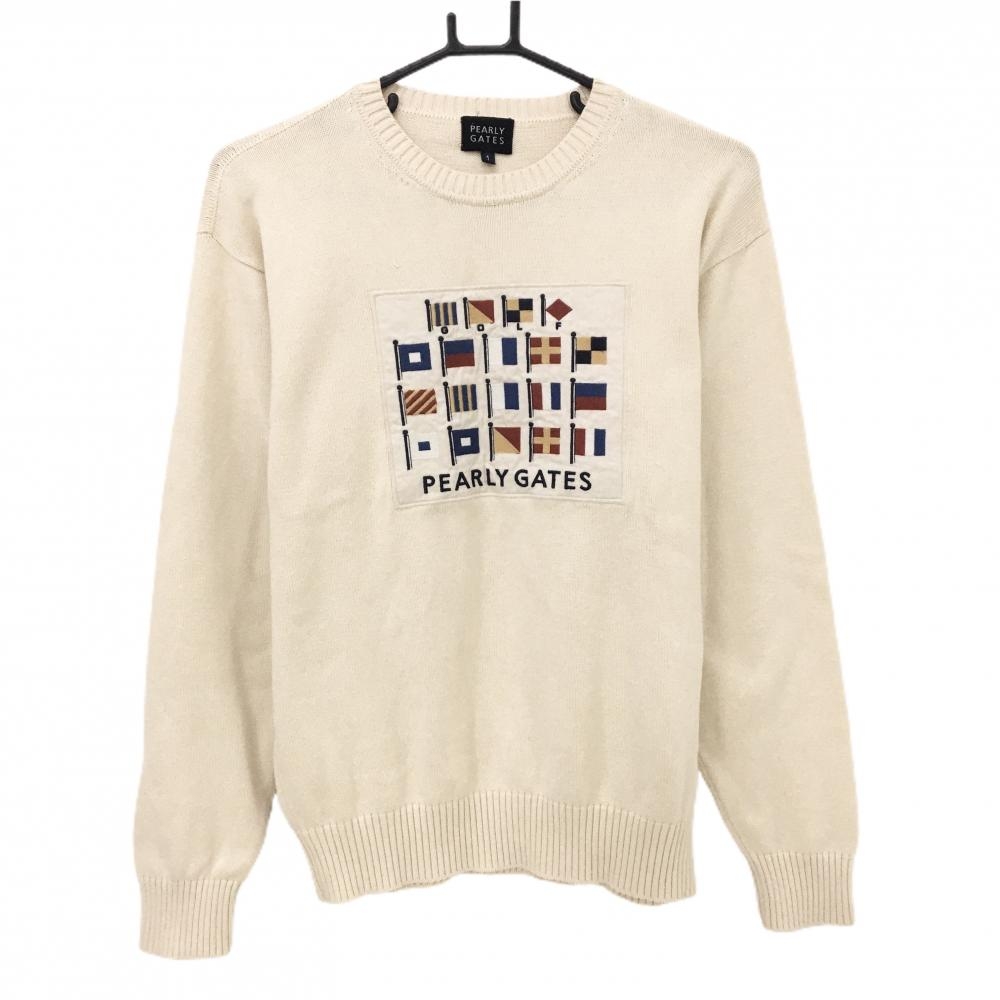 【美品】パーリーゲイツ セーター アイボリー フラッグ柄 コットン100% レディース 1(M) ゴルフウェア PEARLY GATES