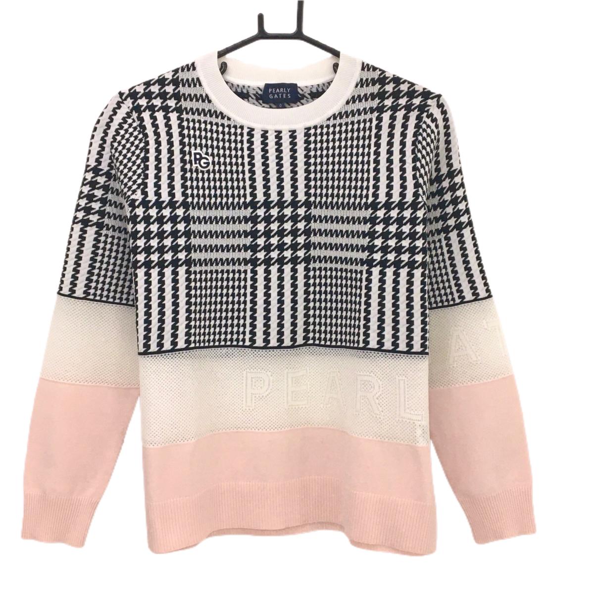 【美品】パーリーゲイツ セーター 白×黒×ピンク グレンチェック調 一部メッシュ  レディース 0(S) ゴルフウェア PEARLY GATES