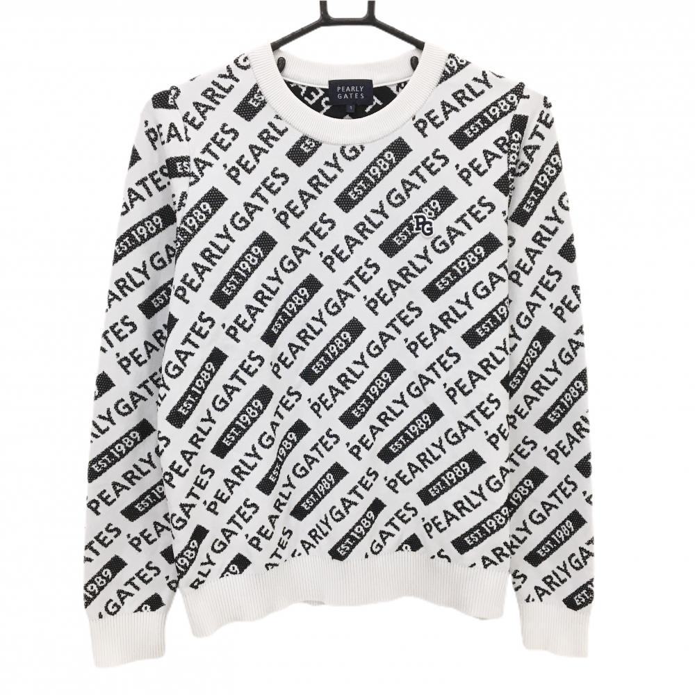 【美品】パーリーゲイツ セーター 白×黒 ロゴ総柄 ニット レディース 1(M) ゴルフウェア PEARLY GATES