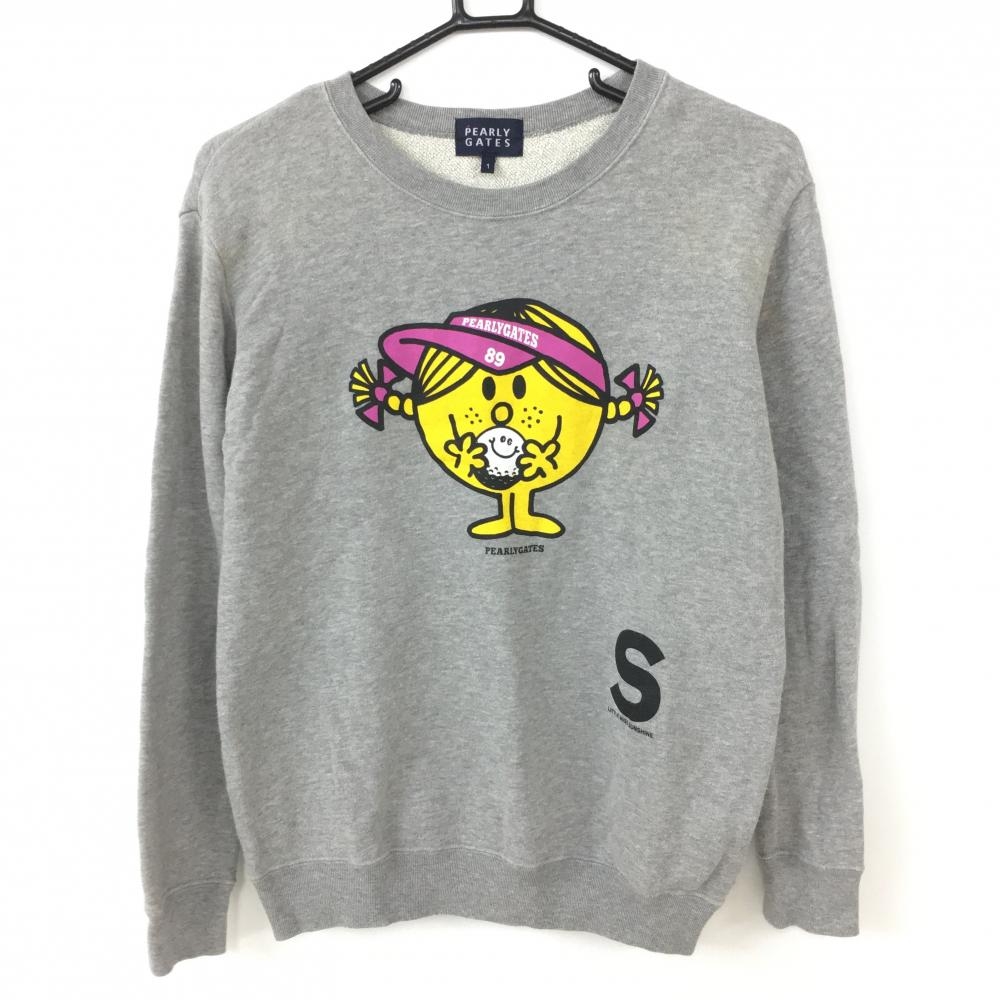 PEARLY GATES パーリーゲイツ×MR MEN LITTLE MISS トレーナー グレー×イエロー ビッグロゴプリント レディース 1(M) ゴルフウェア