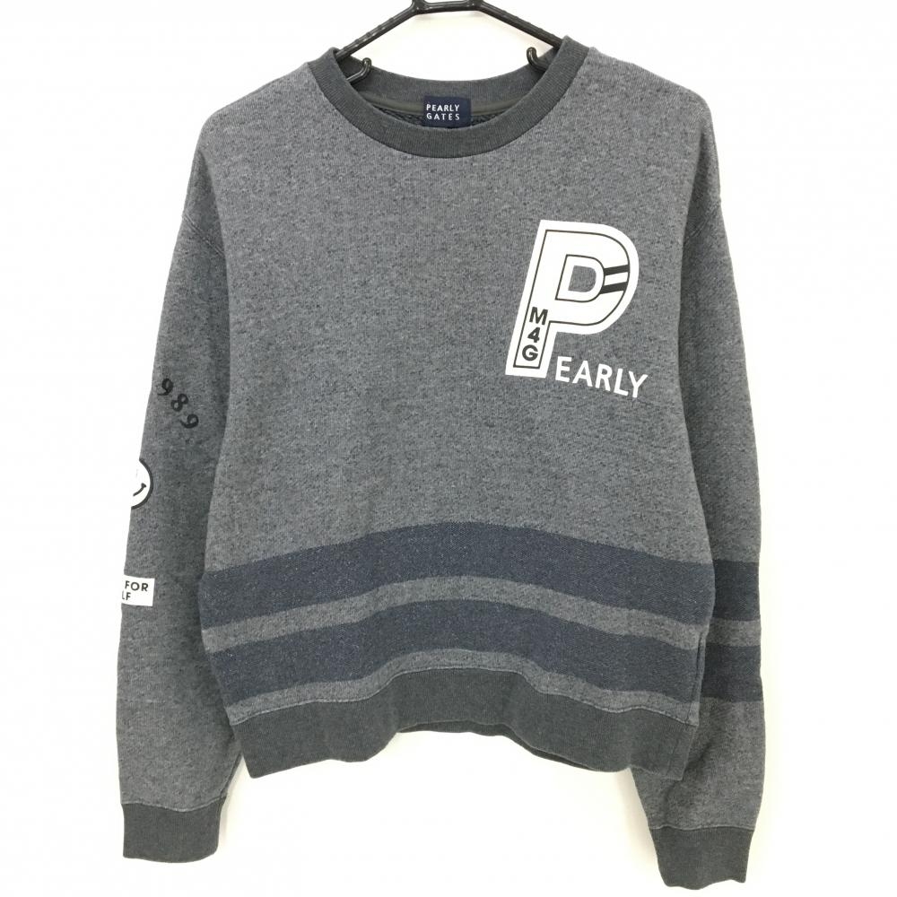 【美品】パーリーゲイツ トレーナー 杢グレー×ネイビー 腹部袖ライン  レディース 2(L) ゴルフウェア 2024年モデル PEARLY GATES