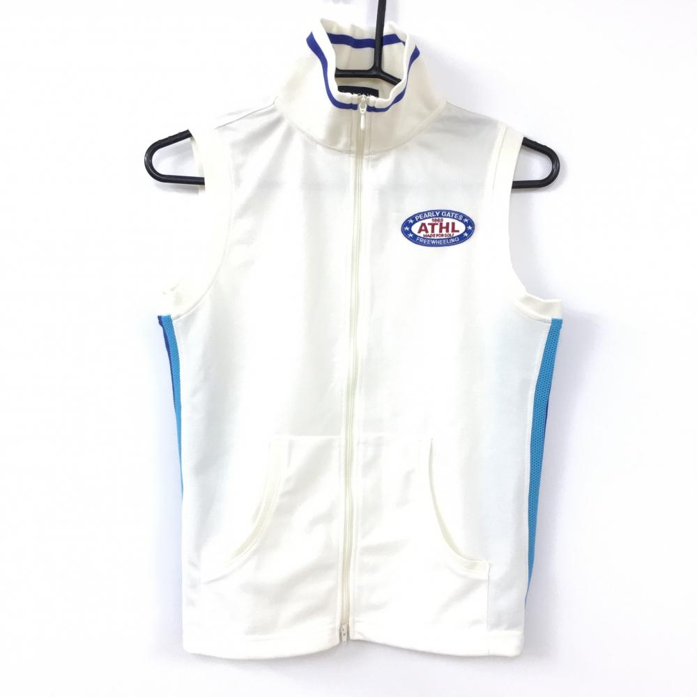 【超美品】PEARLY GATES パーリーゲイツ ハイネックベスト アイボリー×ブルー サイドメッシュライン レディース 1(M) ゴルフウェア