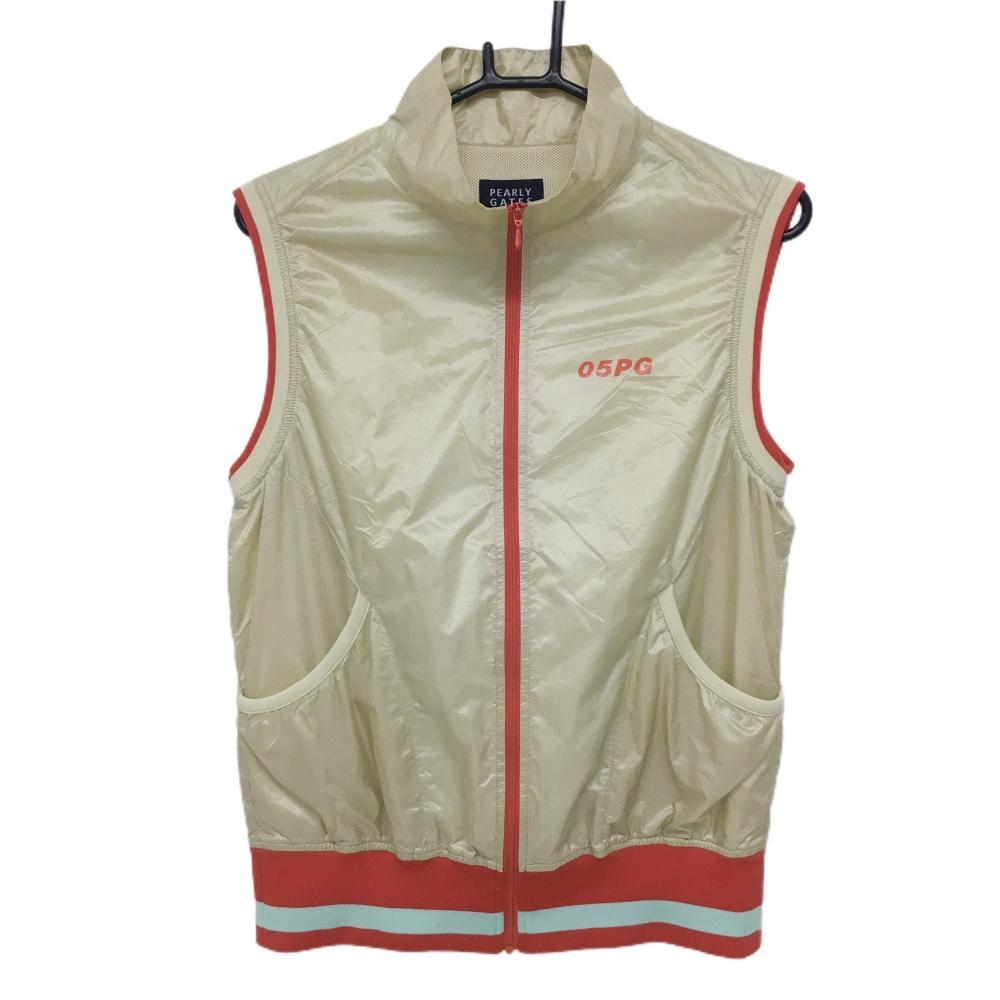 【美品】パーリーゲイツ ナイロンジップベスト ベージュ×オレンジ メッシュ裏地 裾ライン レディース 1(M) ゴルフウェア PEARLY GATES