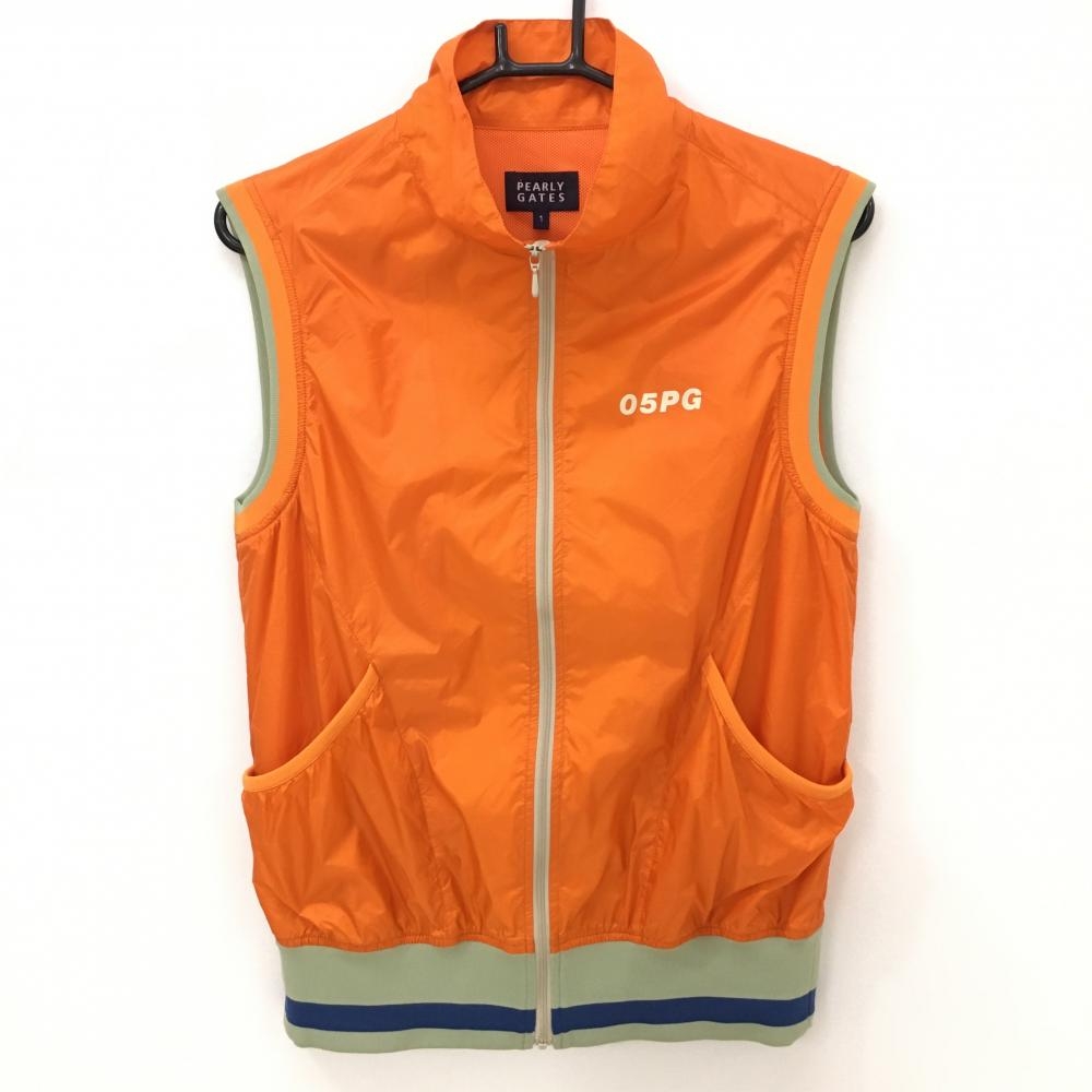 【美品】パーリーゲイツ ナイロンジップベスト オレンジ×ベージュ メッシュ裏地 裾ライン レディース 1(M) ゴルフウェア PEARLY GATES
