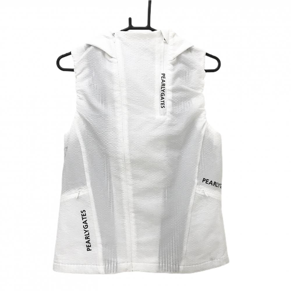 【美品】パーリーゲイツ フード付アウターベスト 白×黒 サッカー生地 レディース 2(L) ゴルフウェア 2025年モデル PEARLY GATES