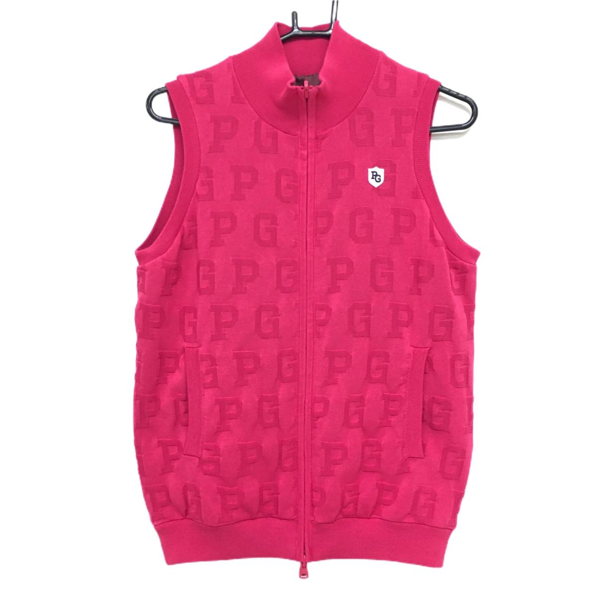 【超美品】パーリーゲイツ リバーシブルアウターベスト レッドピンク ニット ジップ ロゴ総柄 レディース 2(L) ゴルフウェア PEARLY GATES