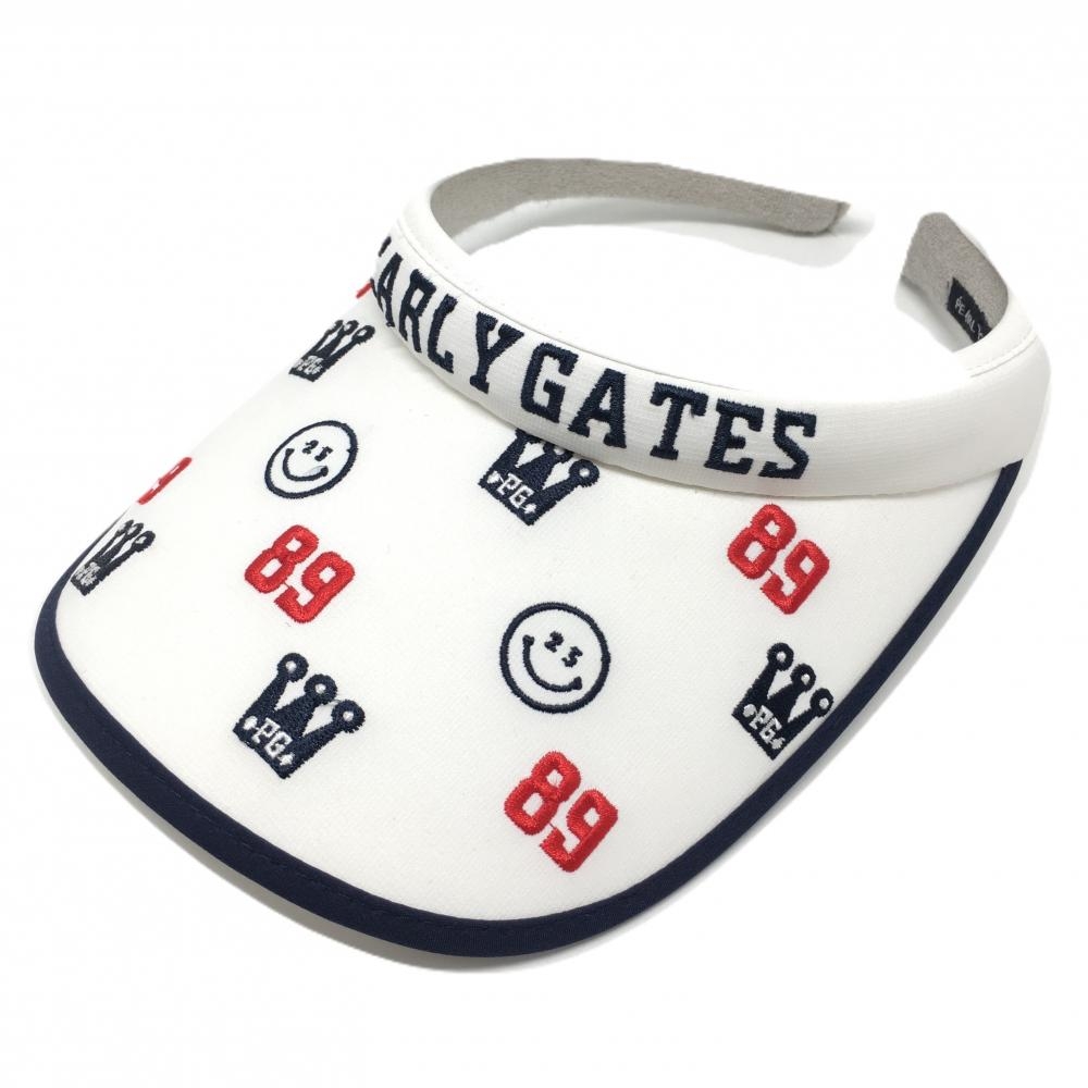 【美品】パーリーゲイツ サンバイザー 白×ネイビー つば総柄 ニコちゃん レディース  ゴルフウェア PEARLY GATES